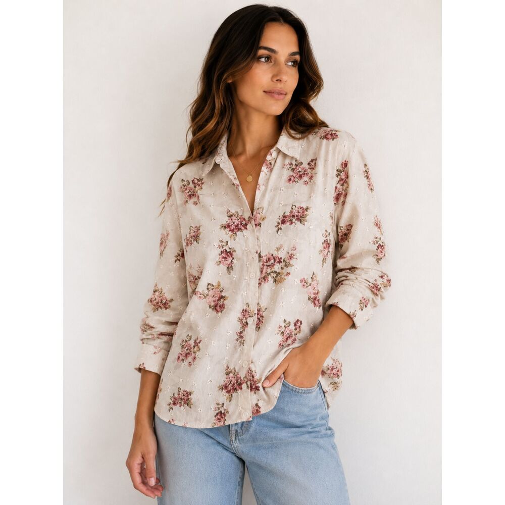 Lemon Grass Floral Button Up Shirt Women's Large Cottagecore Cotton Cream Pink